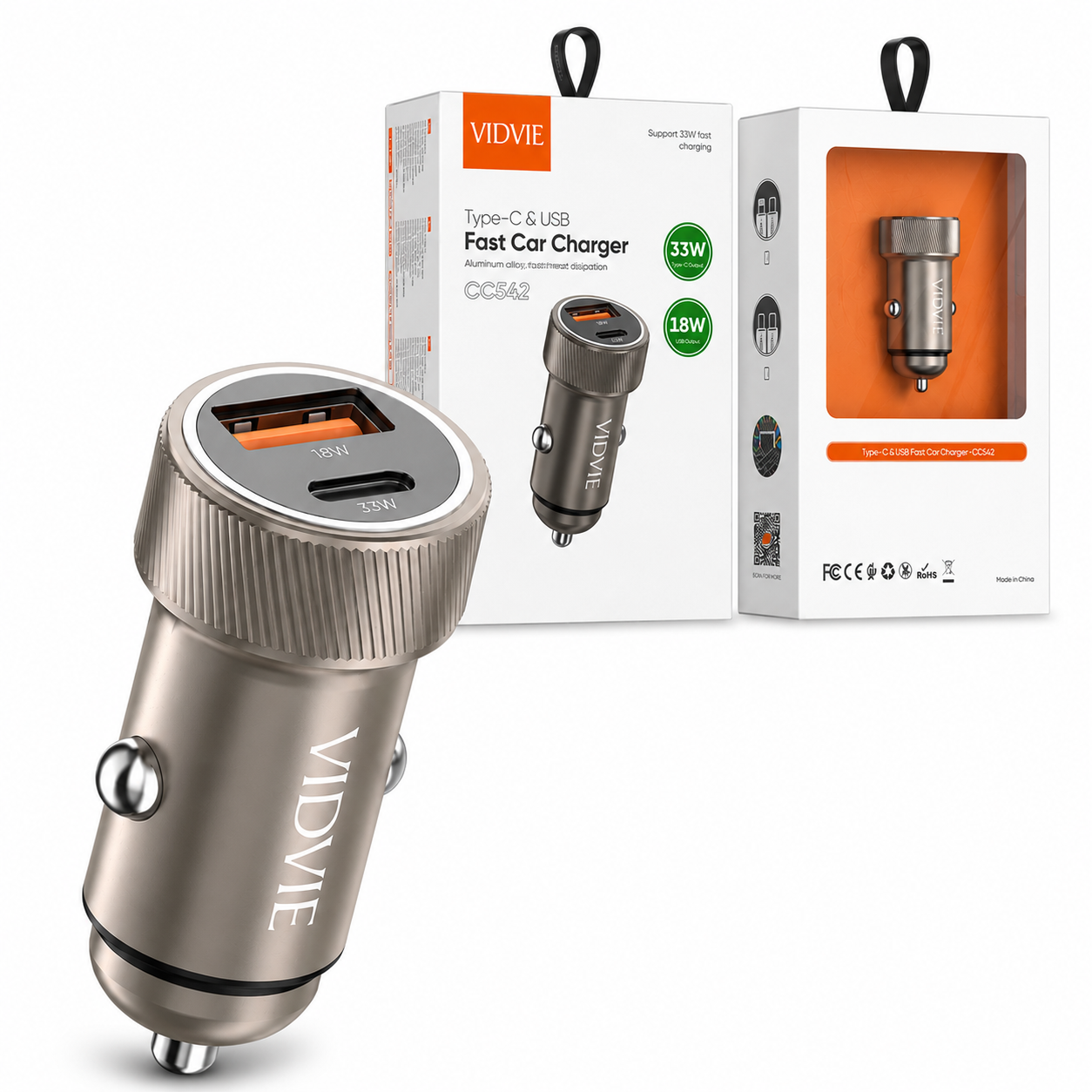 Cargador de Auto VIDVIE USB-C y USB para IPhone Carga Rápida