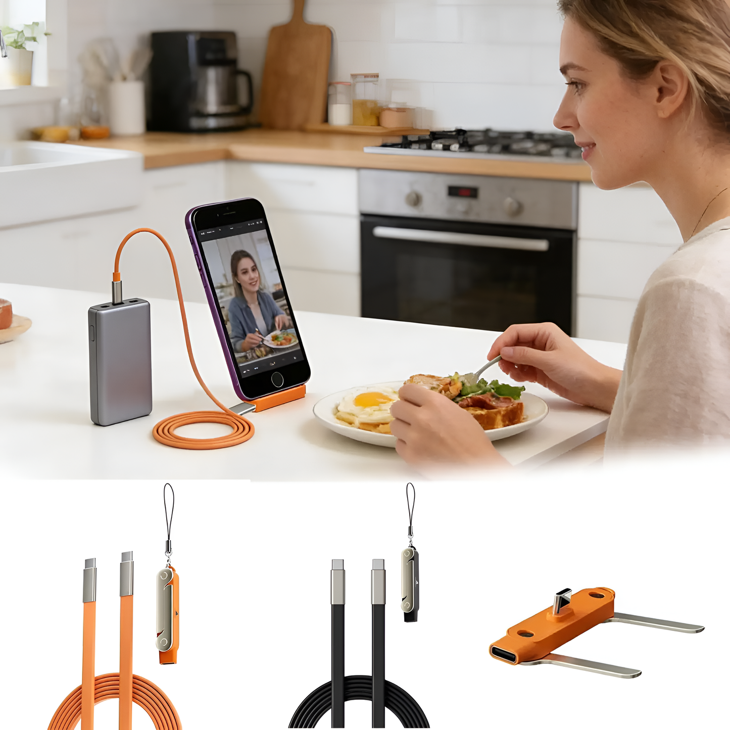 Nueva Llegada | Cable de carga súper rápido 240W Actualizado con Soporte desmontable incorporado para Celular TIPO-C y LIGHTNING, IPhone y Android