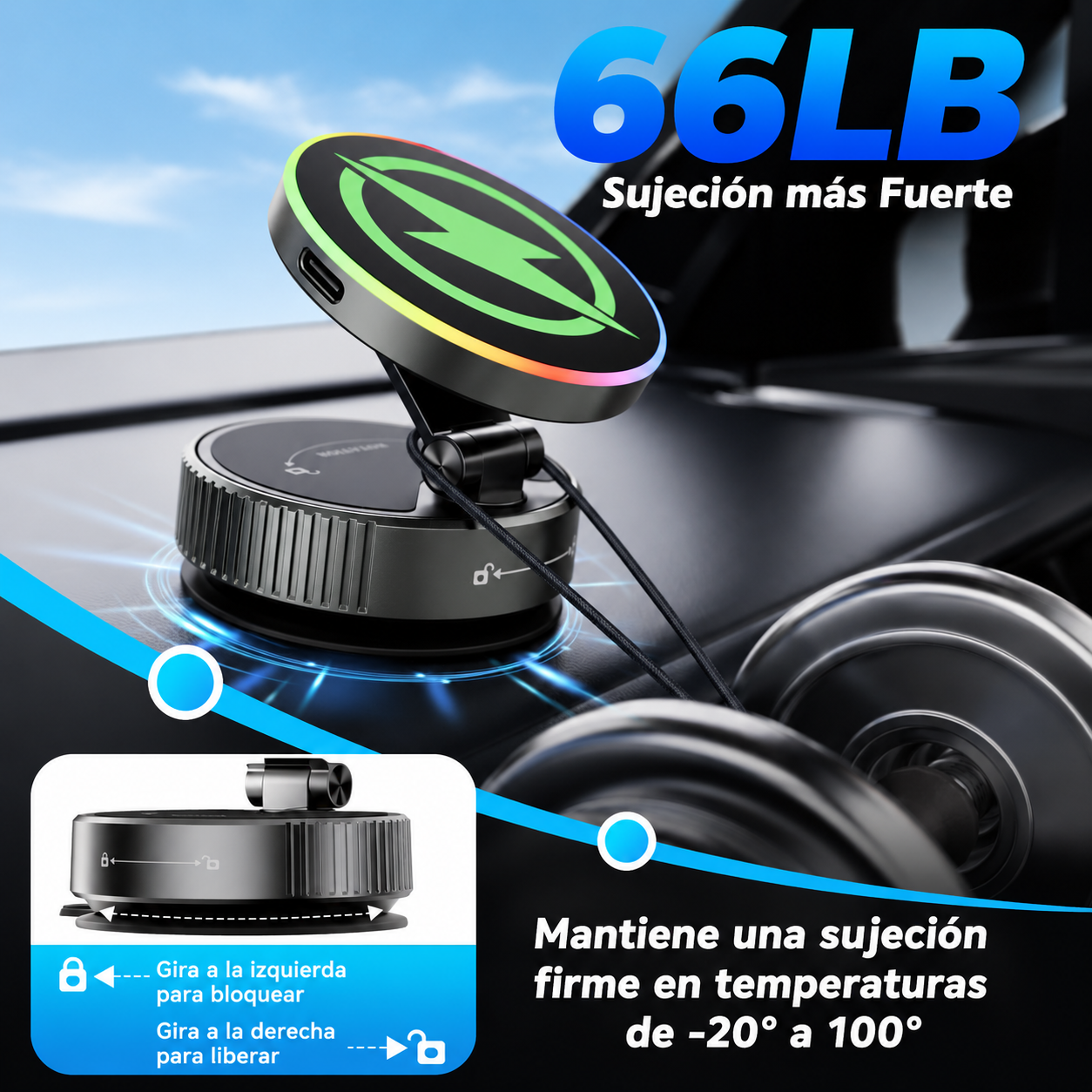 MagCharge K5 Pro™ | Soporte Magnético para Auto con Carga Inalámbrica 15W, Ventosa Nano Gel Ultra Fuerte, 25 Imanes N56 y Rotación 780°