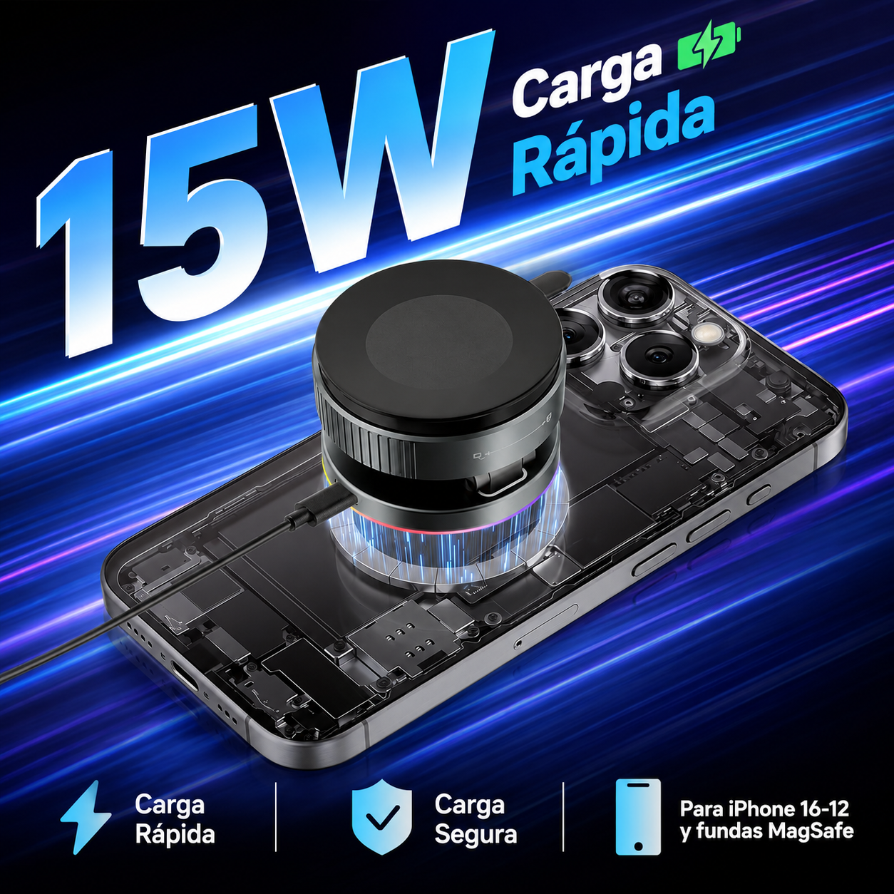 MagCharge K5 Pro™ | Soporte Magnético para Auto con Carga Inalámbrica 15W, Ventosa Nano Gel Ultra Fuerte, 25 Imanes N56 y Rotación 780°
