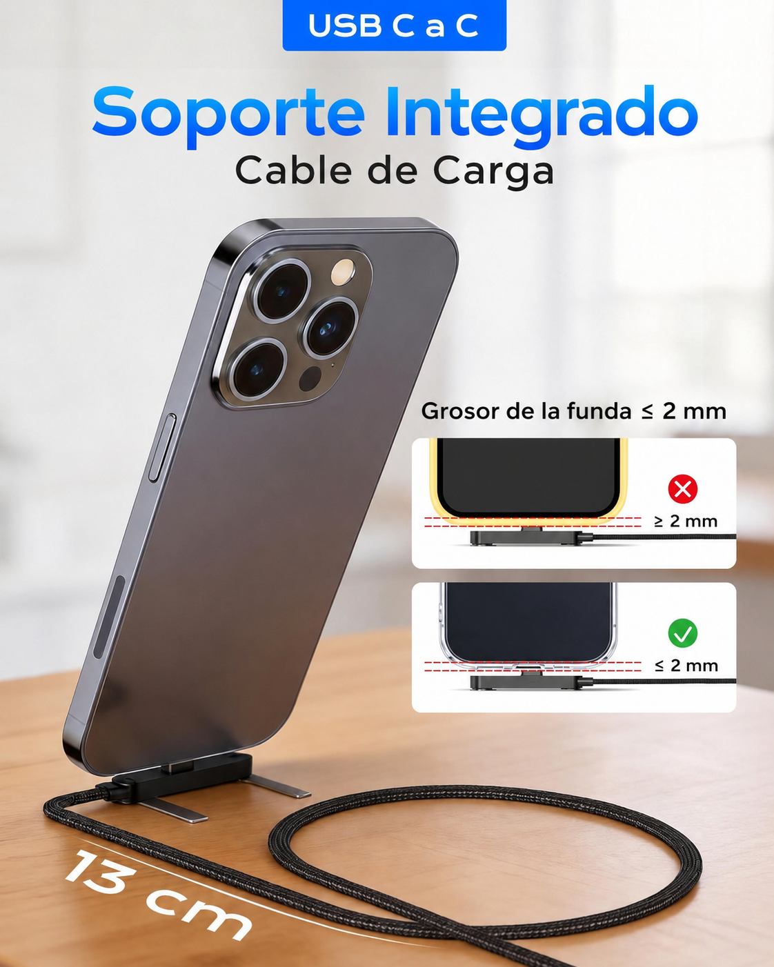 Cable de carga rápida con Soporte plegable TIPO-C 66W y LIGHTNING 36W para IPhone y Android