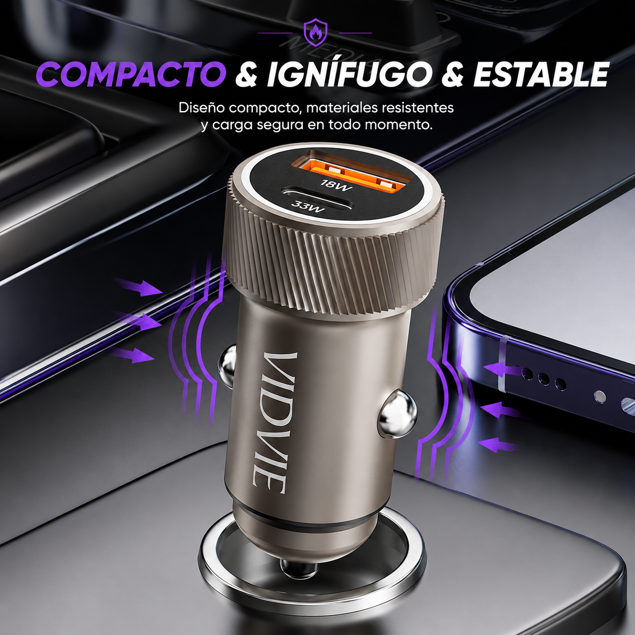 Cargador de Auto VIDVIE USB-C y USB para IPhone Carga Rápida