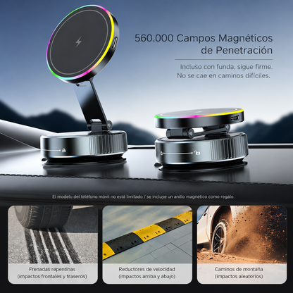 MagCharge K5 Pro™ | Soporte Magnético para Auto con Carga Inalámbrica 15W, Ventosa Nano Gel Ultra Fuerte, 25 Imanes N56 y Rotación 780°