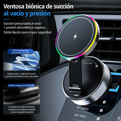MagCharge K5 Pro™ | Soporte Magnético para Auto con Carga Inalámbrica 15W, Ventosa Nano Gel Ultra Fuerte, 25 Imanes N56 y Rotación 780°