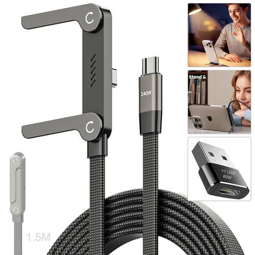 2026 Cable de carga rápida con Soporte Celular Integrado TIPO-C 240W para Android y LIGHTNING 36W para Iphone