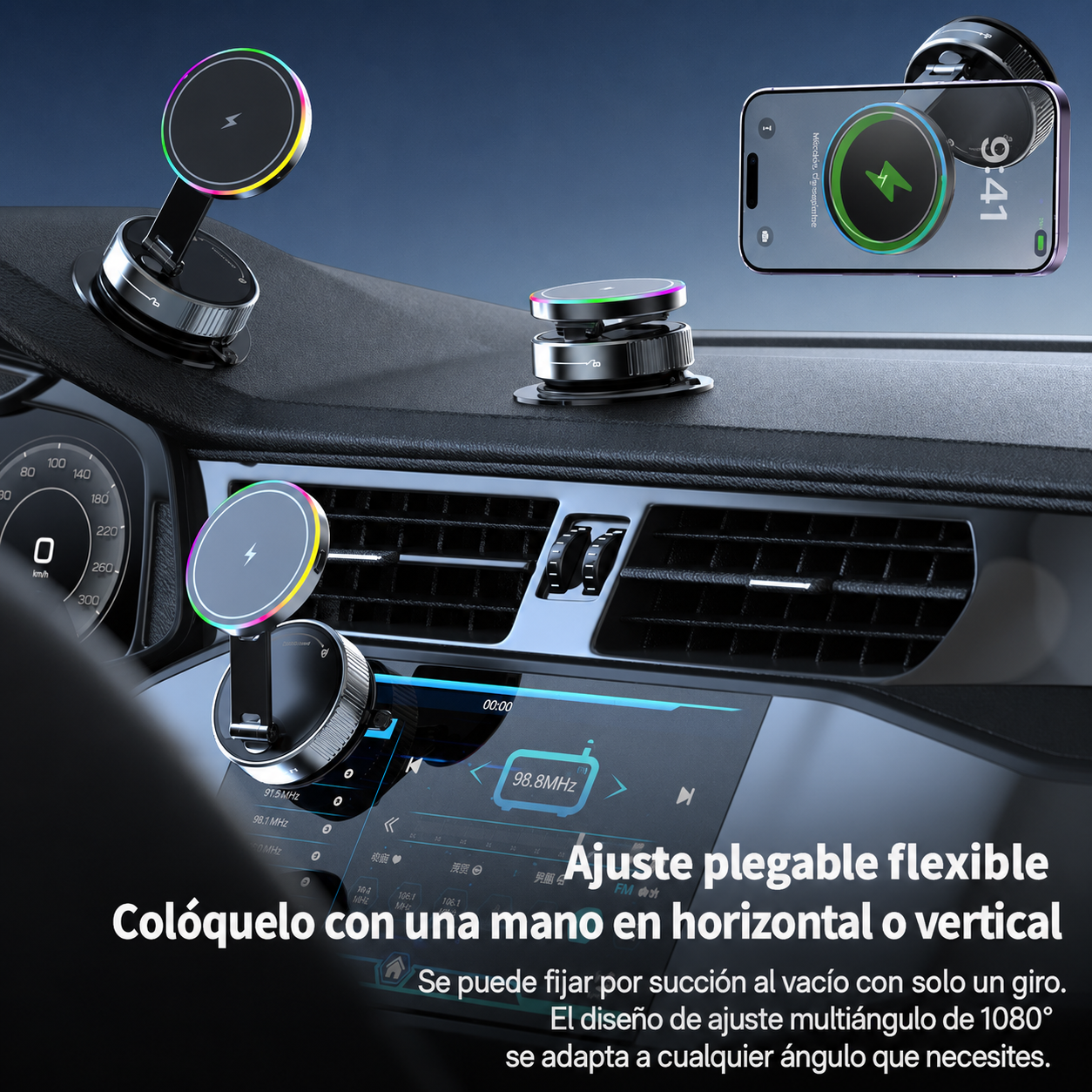 MagCharge K5 Pro™ | Soporte Magnético para Auto con Carga Inalámbrica 15W, Ventosa Nano Gel Ultra Fuerte, 25 Imanes N56 y Rotación 780°
