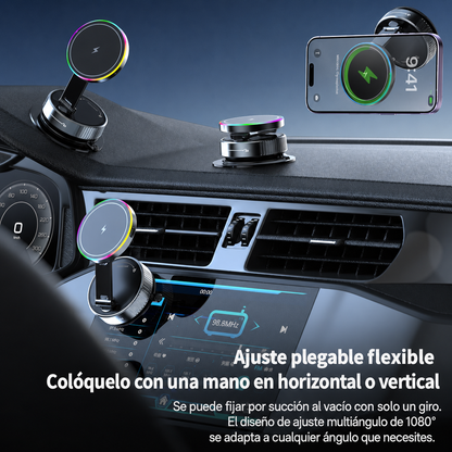 MagCharge K5 Pro™ | Soporte Magnético para Auto con Carga Inalámbrica 15W, Ventosa Nano Gel Ultra Fuerte, 25 Imanes N56 y Rotación 780°