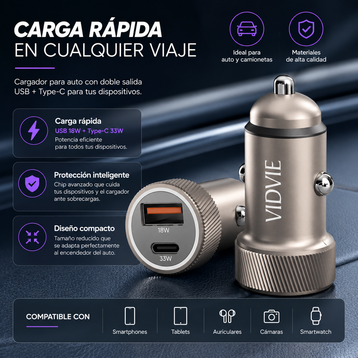 Cargador de Auto VIDVIE USB-C y USB para IPhone Carga Rápida