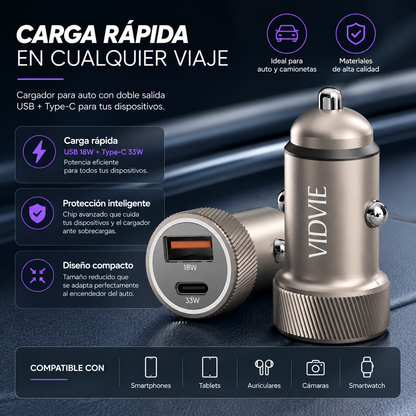 Cargador de Auto VIDVIE USB-C y USB para IPhone Carga Rápida