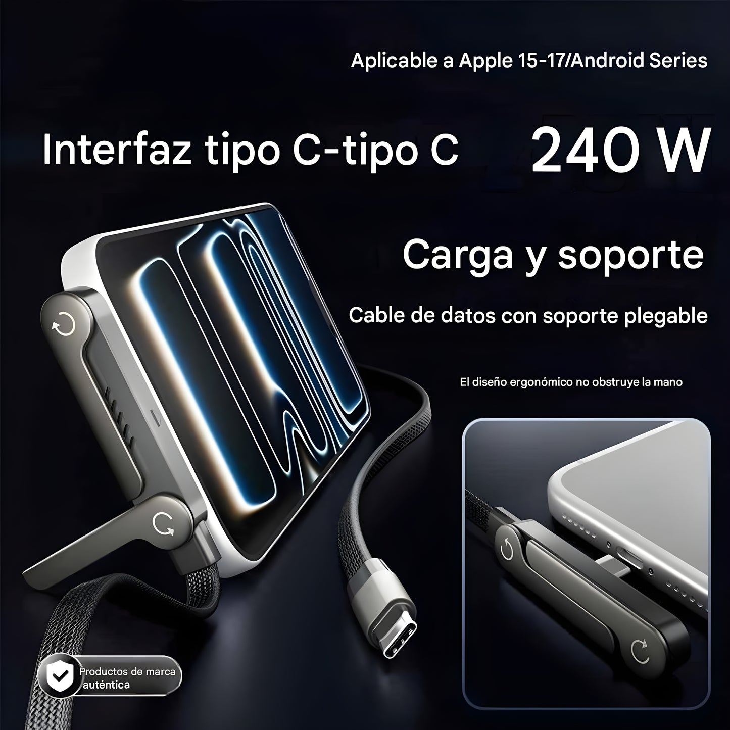 NUEVO | Cable de carga súper rápida 240W con Soporte plegable TIPO-C para IPhone Android