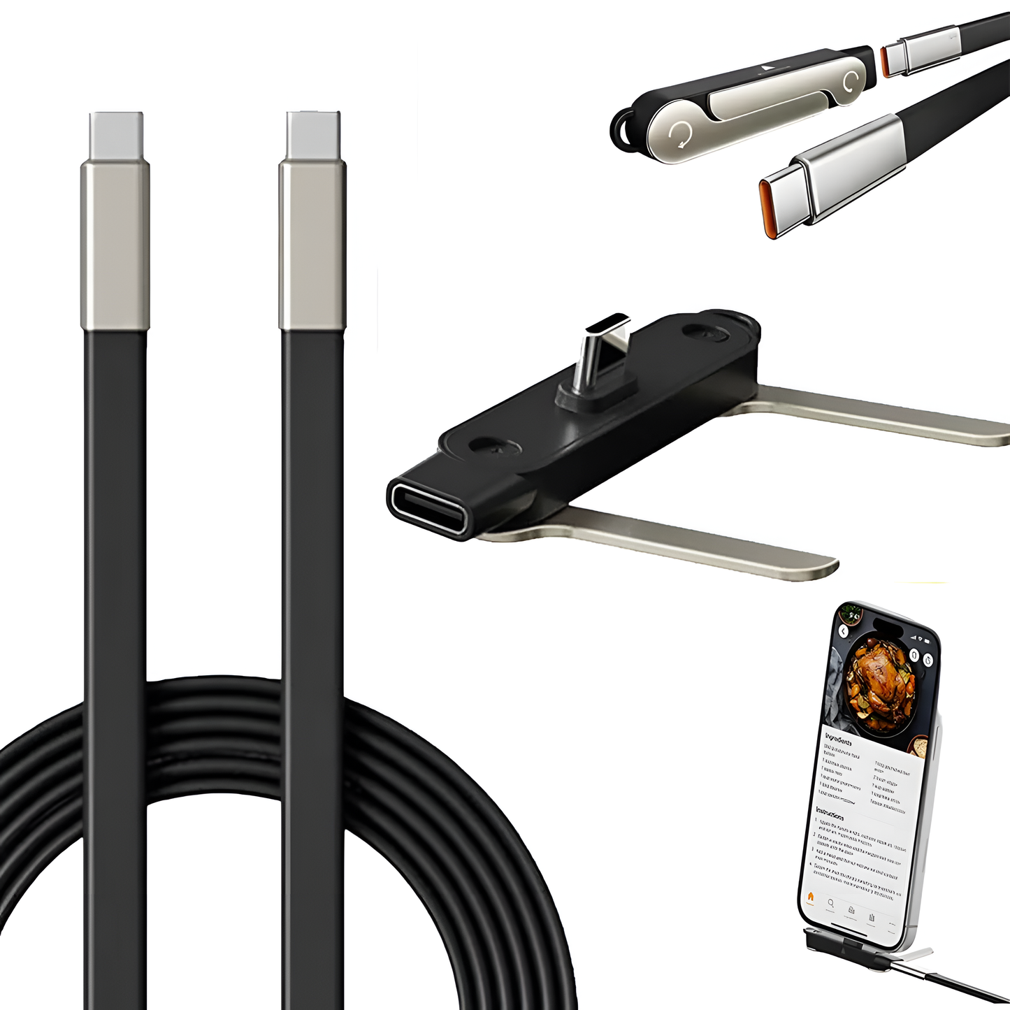 Nueva Llegada | Cable de carga súper rápido 240W Actualizado con Soporte desmontable incorporado para Celular TIPO-C y LIGHTNING, IPhone y Android